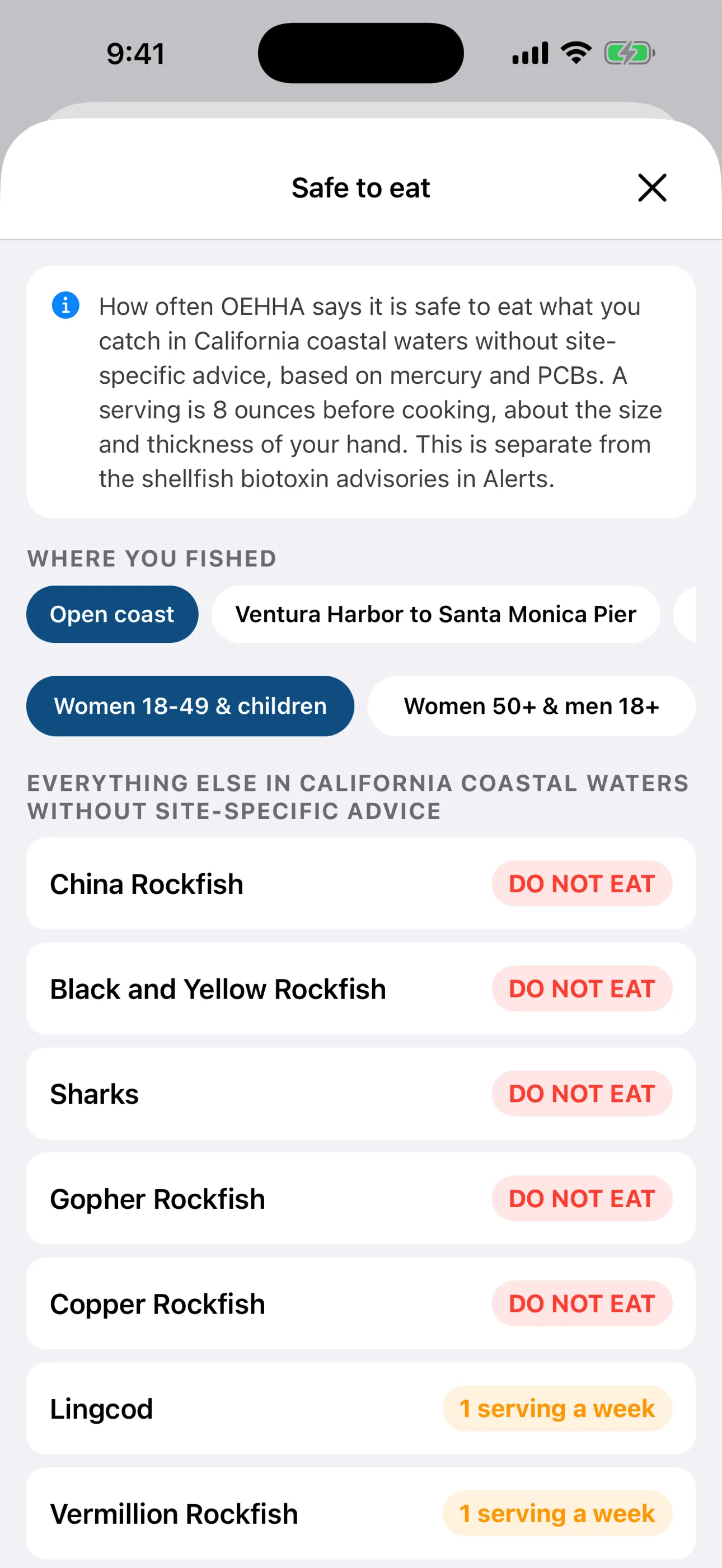 OEHHA fish consumption advice by species and audience in the Creel app